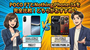 POCO F7とNothing Phone 3aの性能比較画像。AnTuTuベンチマークスコアを比較し、POCO F7が205.2万点、Nothing Phone 3aが80.7万点であることを明示。どちらがおすすめかを検討するための性能差を可視化しています。