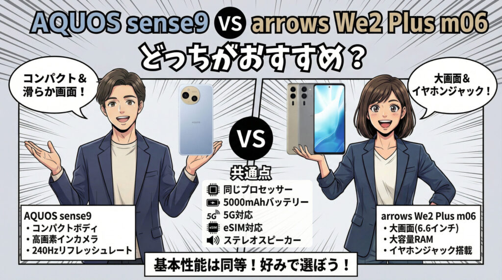 AQUOS sense9とarrows We2 Plus m06の比較まとめ。コンパクトで240Hz画面のAQUOSに対し、6.6インチ大画面でイヤホンジャック搭載のarrows。基本性能は同等で、サイズや付加機能の好みで選ぶべきとの解説。