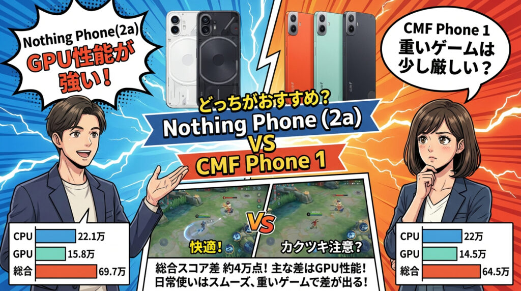 Nothing Phone (2a)とCMF Phone 1のGPU性能比較。GPUスコア15.8万点のNothingは重いゲームも快適だが、14.5万点のCMFは重いゲームだとカクつく可能性があることを示すベンチマーク詳細データ。