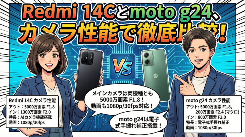 Redmi 14Cとmoto g24のカメラ性能を徹底比較。主な共通点は5000万画素メインカメラと1080p動画対応。Redmi 14Cは1300万画素のインカメラとAI機能、moto g24は200万画素マクロレンズと電子式手振れ補正を搭載していることを解説するイラスト。