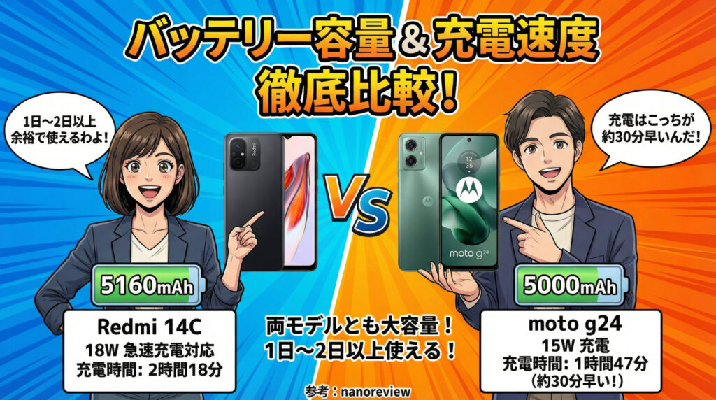 Redmi 14C（5160mAh、充電2時間18分）とmoto g24（5000mAh、充電1時間47分）の比較。両機種とも1〜2日以上使える大容量だが、moto g24の方が充電時間が約30分早いことを説明するスペック比較イラスト。