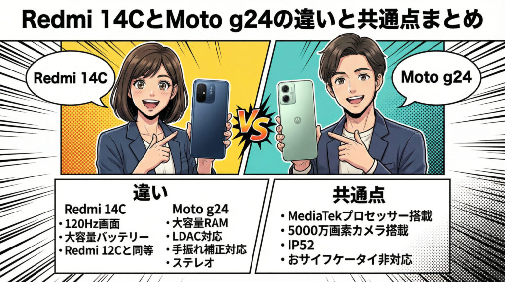 Redmi 14Cとmoto g24のバッテリー性能比較。5160mAhと5000mAhの容量差、18Wと15Wの充電速度、およびフル充電にかかる時間の違いをまとめた比較図。