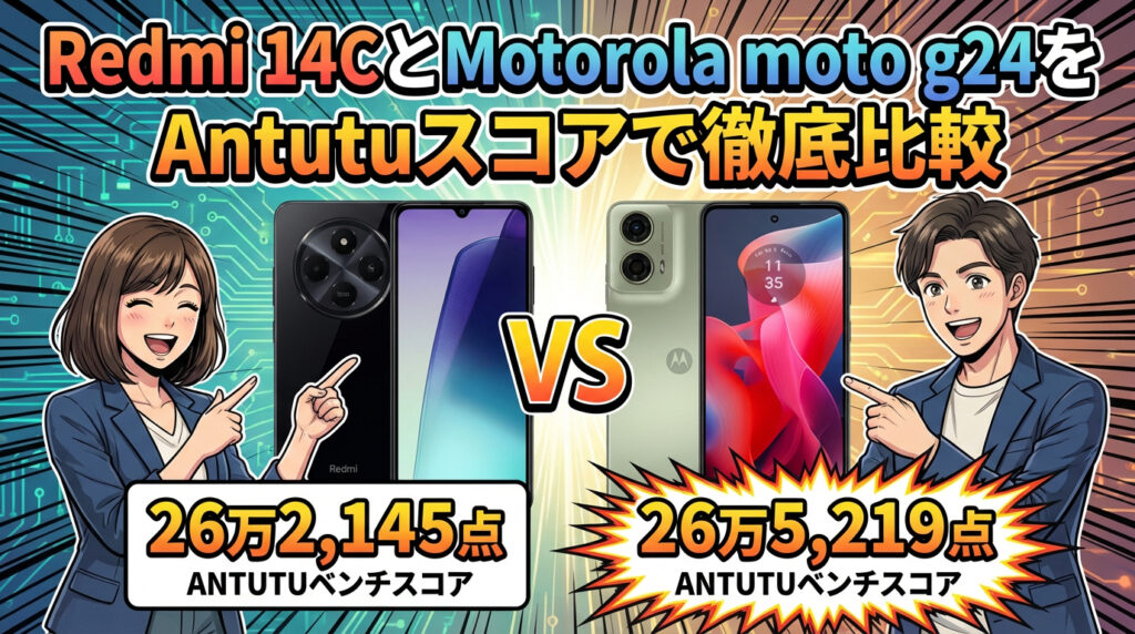 この画像は、**Redmi 14C**と**Motorola moto g24**という2つのスマートフォンを比較したベンチマーク結果を提示しています。主に**Antutuベンチマークスコア**に焦点を当てており、各端末がどの程度の処理能力を備えているかを数値で示しています。画像内のデータによると、**Redmi 14C**のスコアは約26万2千点、対する**moto g24**は約26万5千点と、非常に僅差な結果となっています。イラストを用いた視覚的なレイアウトにより、両製品の**性能差**を一目で理解できるよう工夫されています。このように、消費者が購入を検討する際の**性能の目安**となる情報を分かりやすくまとめた比較資料です。