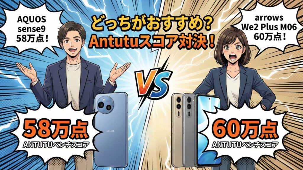 AQUOS sense9とarrows We2 Plus M06のAntutuベンチマークスコア比較。共にSnapdragon 7s Gen 2搭載で、総合スコア約58万点対60万点と、体感差がないレベルで拮抗していることを示すデータ。