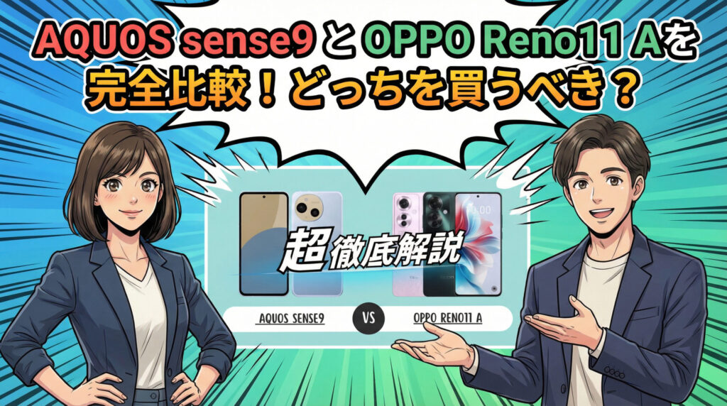 AQUOS sense9とOPPO Reno11 Aの完全比較・超徹底解説のアイキャッチ画像。男女のキャラクターが両機種を紹介しており、中央に「AQUOS sense9 VS OPPO Reno11 A」の文字と製品画像が配置されています。どちらを買うべきか検討しているユーザー向けの比較コンテンツであることを示しています。