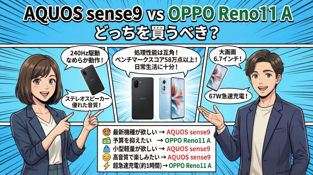 AQUOS sense9とOPPO Reno11 Aのスペック比較画像。処理性能は互角(ベンチマーク58万点以上)とし、AQUOSは240Hz駆動とステレオスピーカー、OPPOは6.7インチ大画面と67W急速充電を特徴として紹介。最新・小型・高音質ならAQUOS、予算重視・急速充電ならOPPOを推奨しています。