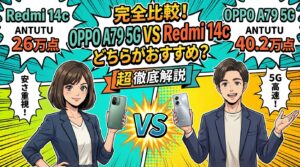 OPPO A79 5GとRedmi 14CのAntutuスコア比較。ミドルレンジのOPPO（40.2万点）とエントリーのRedmi 14C（26万点）の性能差と、どちらがおすすめかを解説する比較画像。