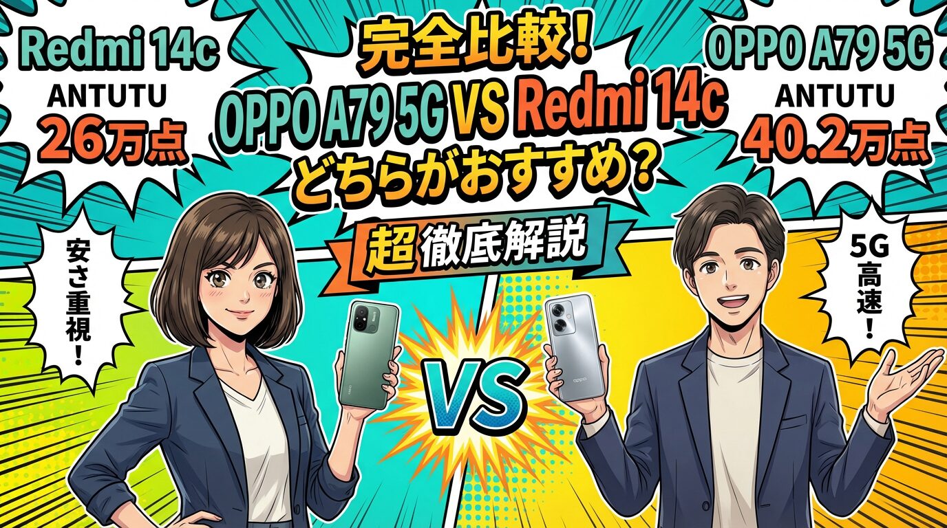 OPPO A79 5GとRedmi 14CのAntutuスコア比較。ミドルレンジのOPPO（40.2万点）とエントリーのRedmi 14C（26万点）の性能差と、どちらがおすすめかを解説する比較画像。