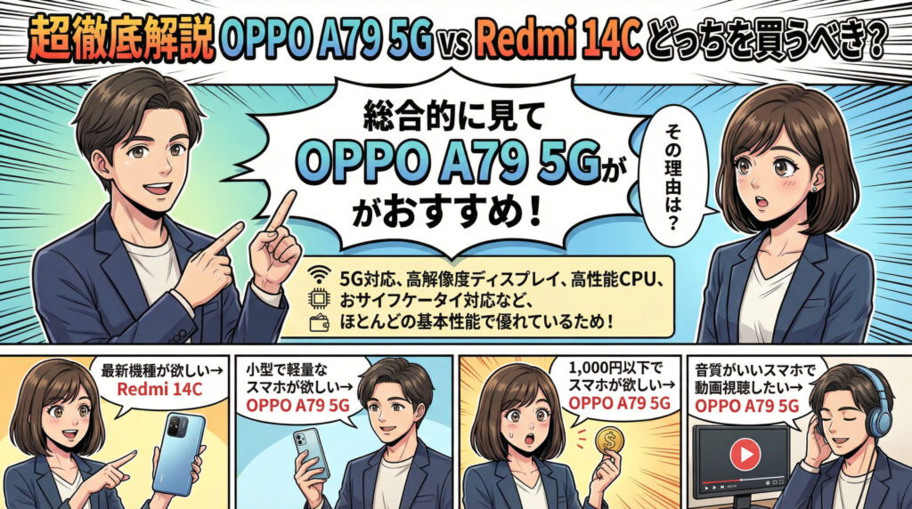 OPPO A79 5GとRedmi 14Cの比較解説画像。総合的にOPPO A79 5Gがおすすめである理由として、5G対応、高解像度ディスプレイ、高性能CPU、おサイフケータイ対応などの基本性能の優位性を紹介。ニーズ別に、最新機種ならRedmi 14C、小型軽量・低価格・高音質ならOPPO A79 5Gを推奨しています。