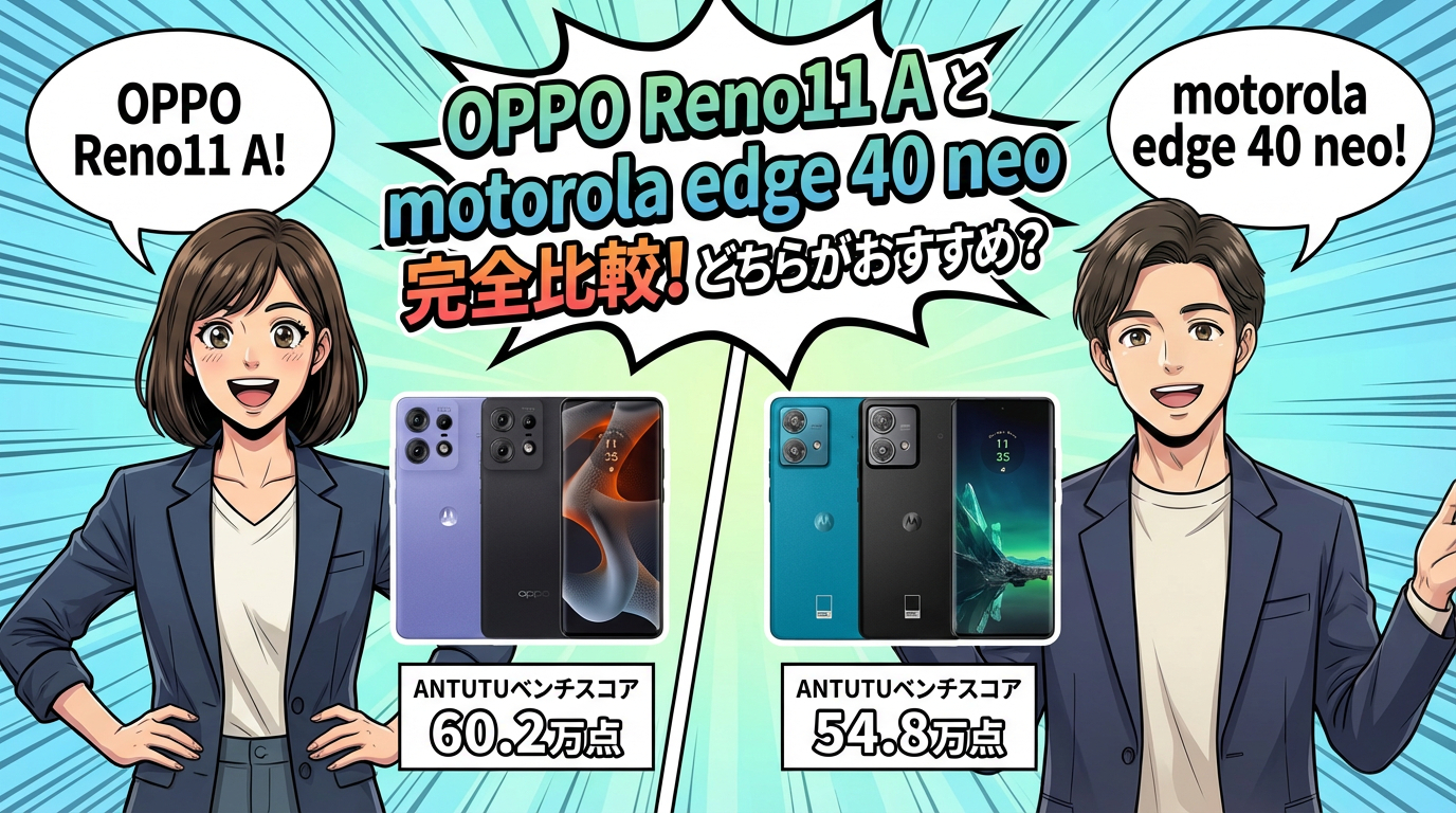 OPPO Reno11 Aとmotorola edge 40 neoの性能比較画像。AnTuTuベンチマークスコアは、OPPO Reno11 Aが60.2万点、motorola edge 40 neoが54.8万点であることを表示。どちらがおすすめかを検討するための比較バナーです。