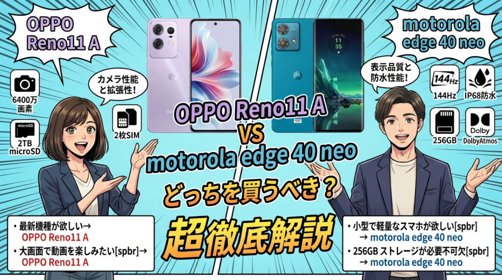 OPPO Reno11 Aとmotorola edge 40 neoの機能比較。OPPOは6400万画素カメラ・大画面動画視聴・最新機種である点を、motorolaは144Hz駆動・IP68防水・256GBストレージ・小型軽量を特徴として紹介。各機種の強みを解説する画像。