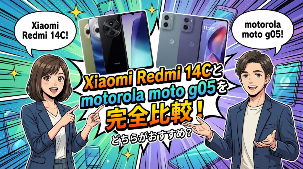 Xiaomi Redmi 14Cとmotorola moto g05を完全比較。製品のカラーバリエーションと「どちらがおすすめ？」のテキストが入ったブログアイキャッチ画像。