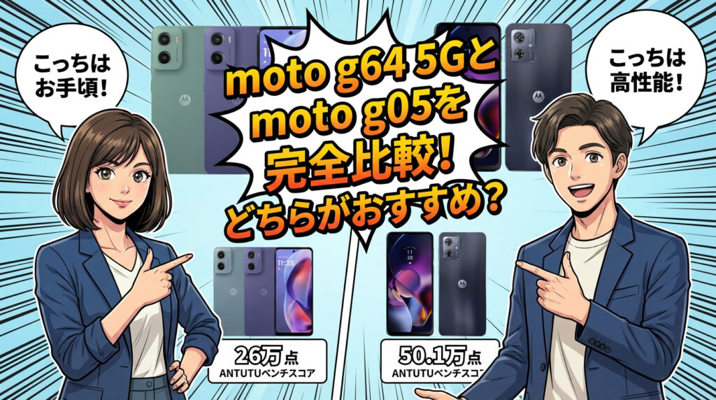 moto g64 5G（50.1万点）とmoto g05（26万点）のAntutuベンチマークスコア比較。性能重視か価格重視かを選ぶためのスマホ比較画像。