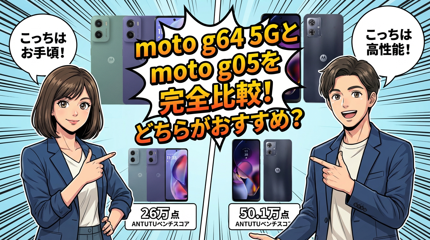 moto g64 5G（50.1万点）とmoto g05（26万点）のAntutuベンチマークスコア比較。性能重視か価格重視かを選ぶためのスマホ比較画像。