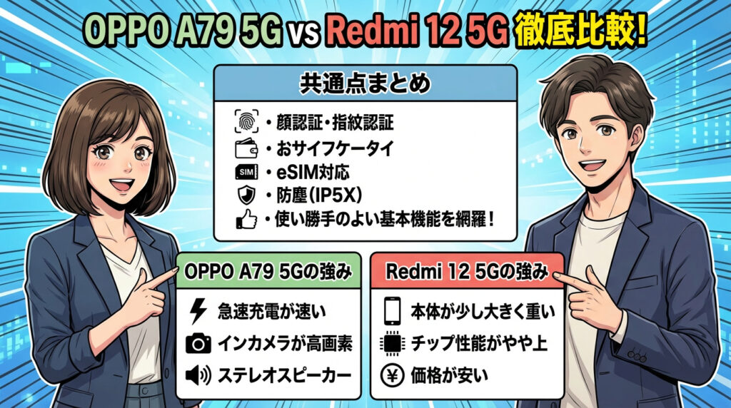 OPPO A79 5GとRedmi 12 5Gの徹底比較。急速充電やステレオスピーカーが強みのOPPOに対し、チップ性能や価格が強みのRedmi。おサイフケータイやeSIM対応などの共通点一覧。