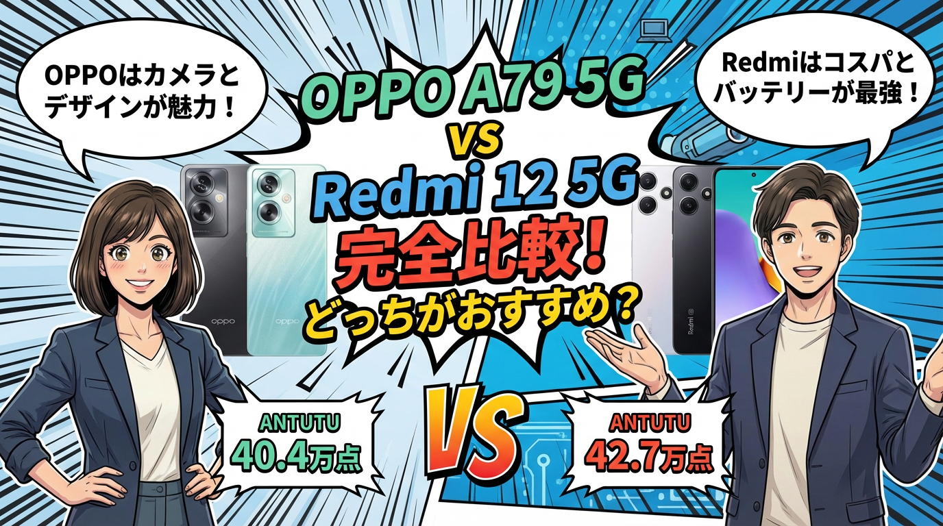 OPPO A79 5GとRedmi 12 5Gの完全比較。カメラとデザインが魅力のOPPO(Antutu 40.4万点)に対し、コスパとバッテリー重視のRedmi(Antutu 42.7万点)のどちらがおすすめかを示す図。