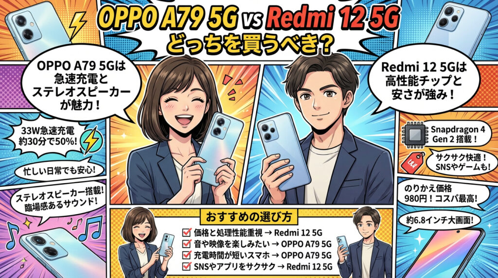 OPPO A79 5GとRedmi 12 5Gの選び方。音や映像、充電速度を重視するならOPPO。価格と処理性能、6.8インチ大画面を重視するならRedmi 12 5Gを推奨するまとめ画像。