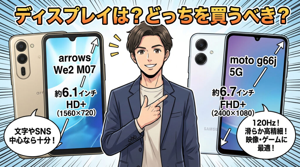 moto g66j 5GはフルHD+解像度と120Hzリフレッシュレートに対応し、映像やゲームをより滑らかで高精細に表示できます。

arrows We2 M07はHD+ですが、文字やSNS中心の利用では十分な画質です。