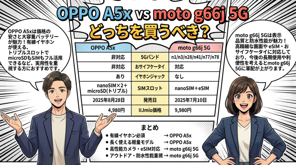 OPPO A5xとmoto g66j 5Gの比較表。価格の安さと有線イヤホン重視ならOPPO、防水・おサイフケータイ・将来性のあるスペックならmoto g66j 5Gを推奨するまとめ。