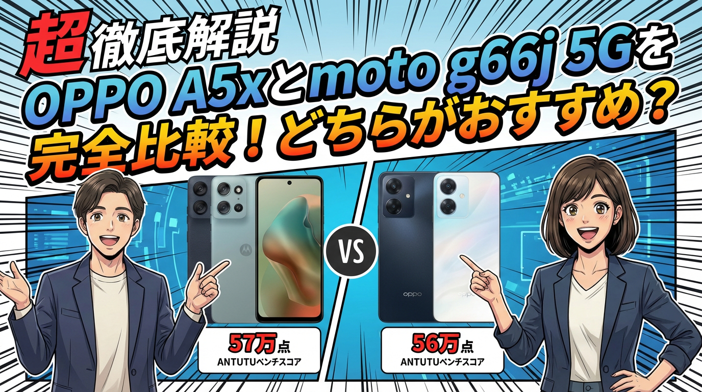 moto g66j 5GとOPPO A5xのAntutuベンチマークスコア比較。57万点対56万点でほぼ同等の処理性能であることを示しつつ、どちらがおすすめかを提示する徹底解説アイキャッチ。