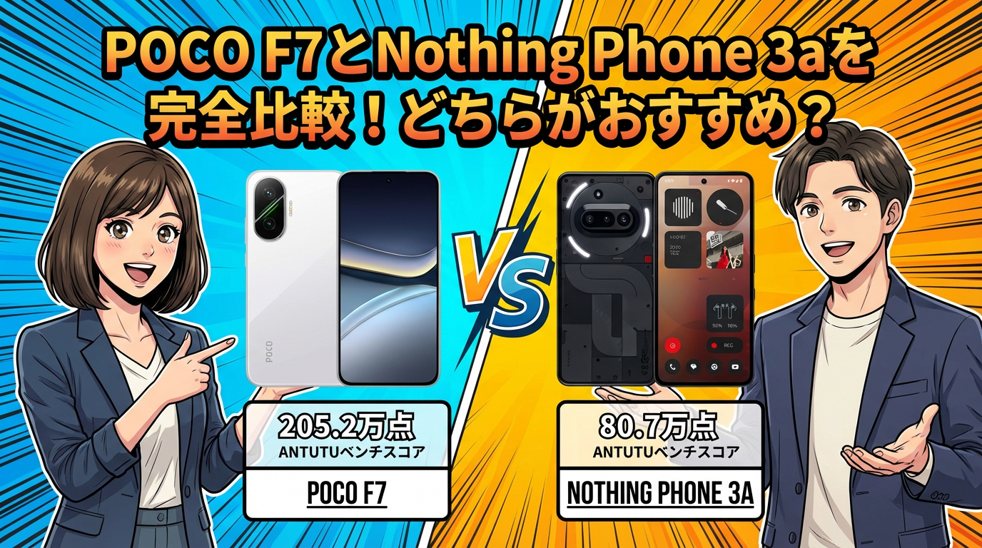 POCO F7とNothing Phone 3aの性能比較画像。AnTuTuベンチマークスコアを比較し、POCO F7が205.2万点、Nothing Phone 3aが80.7万点であることを明示。どちらがおすすめかを検討するための性能差を可視化しています。