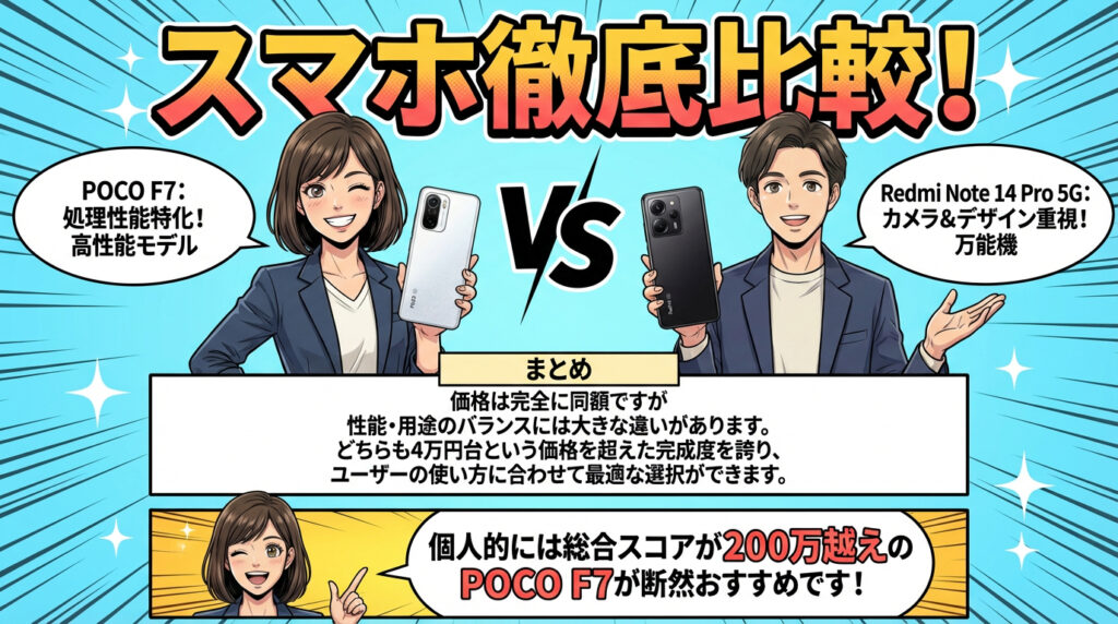 POCO F7とRedmi Note 14 Pro 5Gの比較まとめ画像。価格は同額だが性能と用途が異なると解説。個人的な推奨として、総合スコア200万点越えのPOCO F7を「断然おすすめ」と評価。POCOは性能特化、Redmiはカメラ&デザイン重視の万能機と位置づけ。