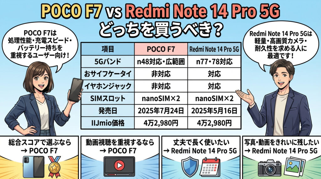 POCO F7とRedmi Note 14 Pro 5Gの詳細比較表。POCOは処理性能・充電・電池持ち重視、Redmiは軽量・高画質カメラ・耐久性重視と定義。5Gバンド、おサイフケータイ対応有無、発売日、IIJmio価格(4万2,980円)などの情報を網羅し、用途別の選び方を提案する画像。