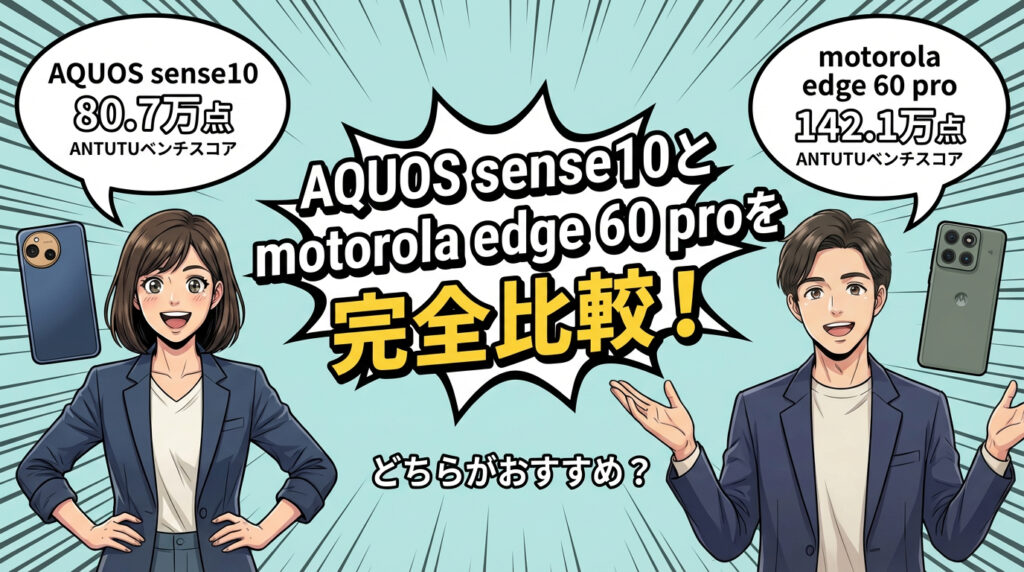 AQUOS sense10とmotorola edge 60 proの性能比較イラスト。それぞれのAntutuベンチマークスコア（80.7万点と142.1万点）を表示し、「完全比較！どちらがおすすめ？」というキャッチコピーが入ったブログ用アイキャッチ画像。