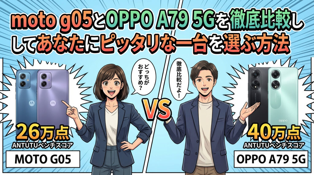 moto g05とOPPO A79 5Gのスペック比較。Antutuベンチマークスコア（26万点対40万点）と「あなたにピッタリな一台を選ぶ方法」のテキストが入ったブログアイキャッチ画像。