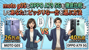 moto g05とOPPO A79 5Gのスペック比較。Antutuベンチマークスコア（26万点対40万点）と「あなたにピッタリな一台を選ぶ方法」のテキストが入ったブログアイキャッチ画像。