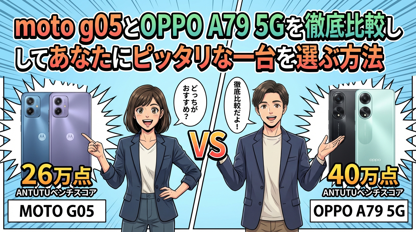 moto g05とOPPO A79 5Gのスペック比較。Antutuベンチマークスコア（26万点対40万点）と「あなたにピッタリな一台を選ぶ方法」のテキストが入ったブログアイキャッチ画像。