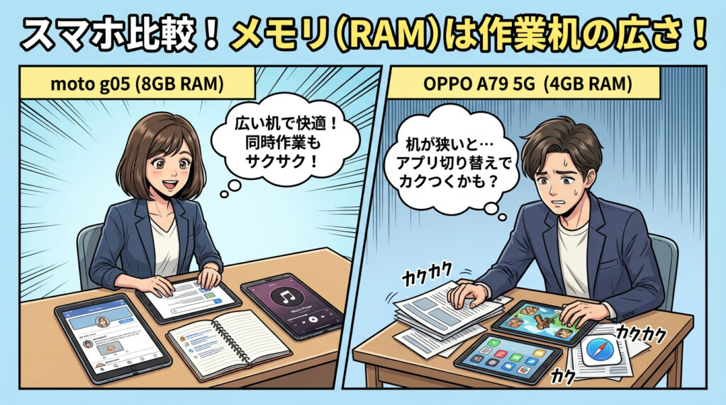 同時にたくさんの作業ができるメモリ容量の違い